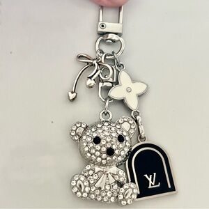 Silver Rhinestone Upcycled LV Dog Tag BagCharm